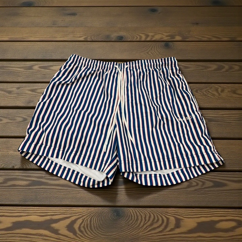 PacSun Swim Trunks Mens Large Navy White Red Stripe Elastic Waist Drawstring